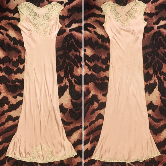 Vtg 30s 1930s Nightgown Long Slip Maxi Dress Gown Pink Bias Cut Silk Lace S M
